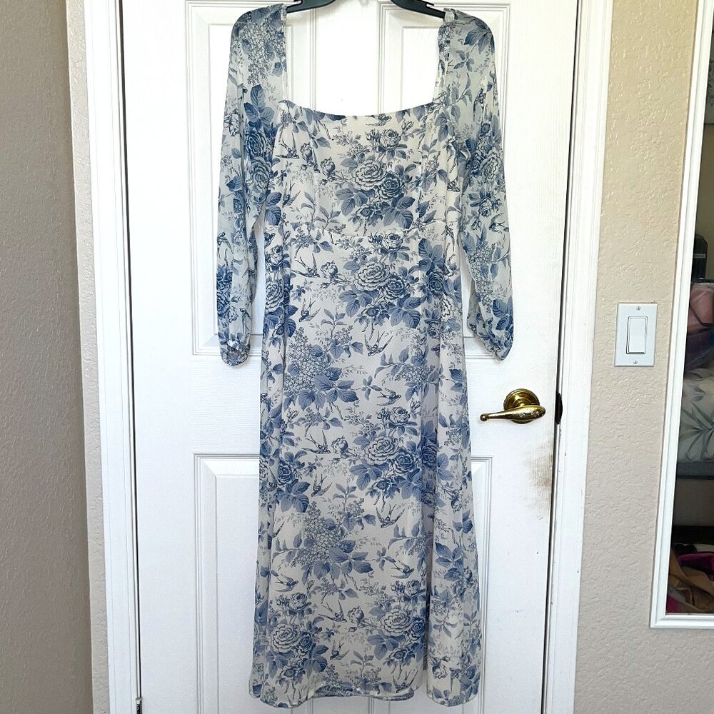 Morning Lavendar Blue Floral Smocked Long Sleeve Dress with Slit